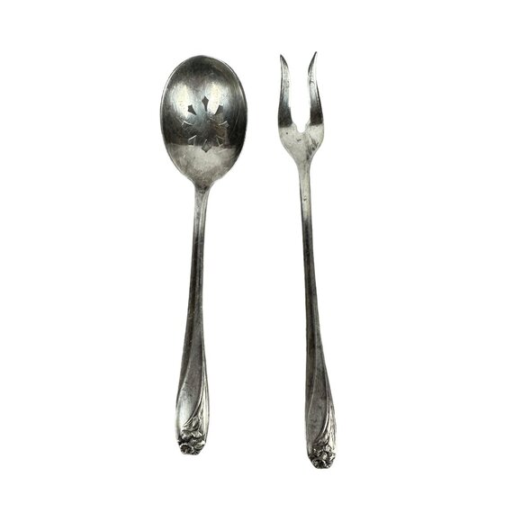 1847 Rogers Bros. Vintage Silverplate Daffodil Olive Fork & Slotted Spoon Set - Picture 1 of 8
